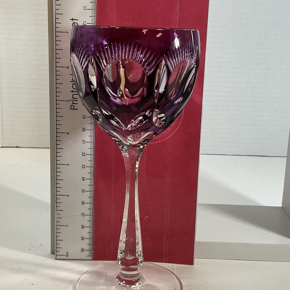 Vintage BOHO Amethyst Purple Cut to Clear Crystal Wine Goblet Faceted Stem 8.25" - Picture 10 of 11